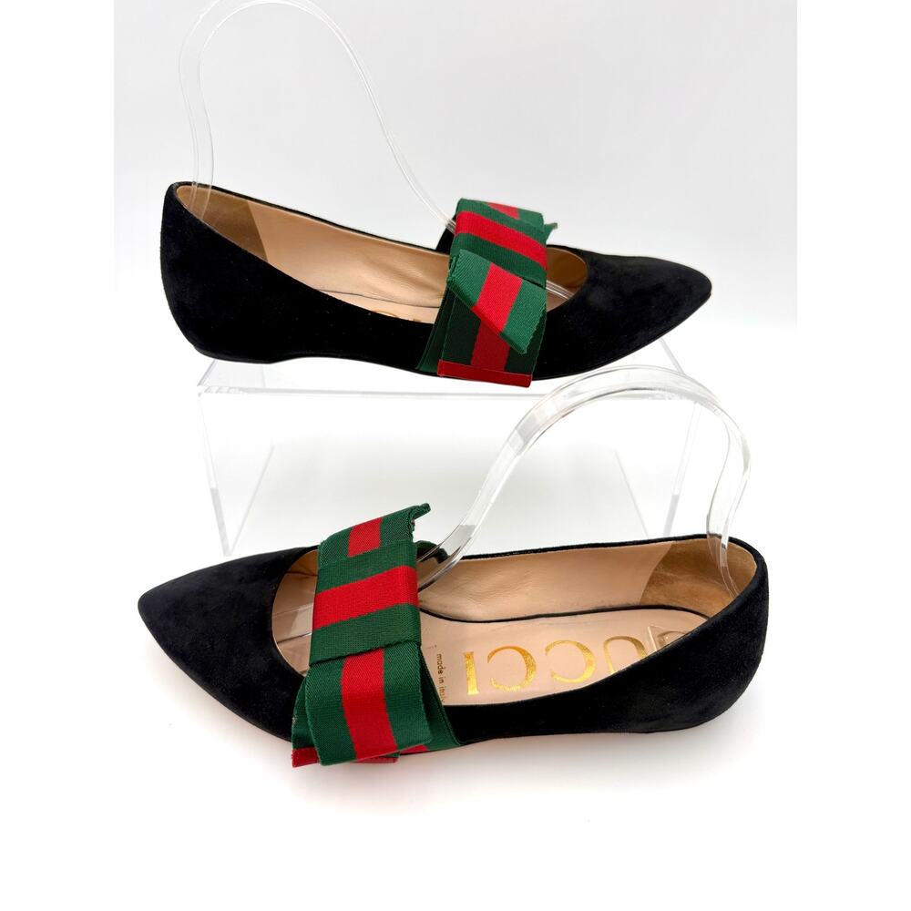 Gucci Web Stripe Sylvie Bow Ballet Flats Black Suede Size 37.5 / 7.5 Red Green - Picture 3 of 14